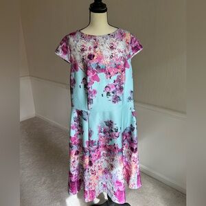 Adrianna Papell Floral Dress 18W Pink Blue Fit & Flare Zip Back Plus Size